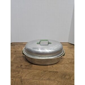 Vintage Toy Aluminum Roaster Pan w/ Lid - Approx. 6" - Dents Green Handles